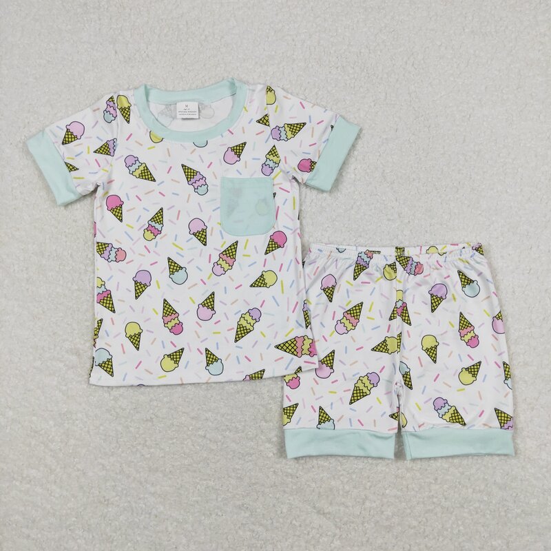Conjunto de pijamas infantil, Baby Boy Girl Birthday Outfit, mangas curtas camisas de bolso, calções infantis, pijamas infantis, atacado, verão