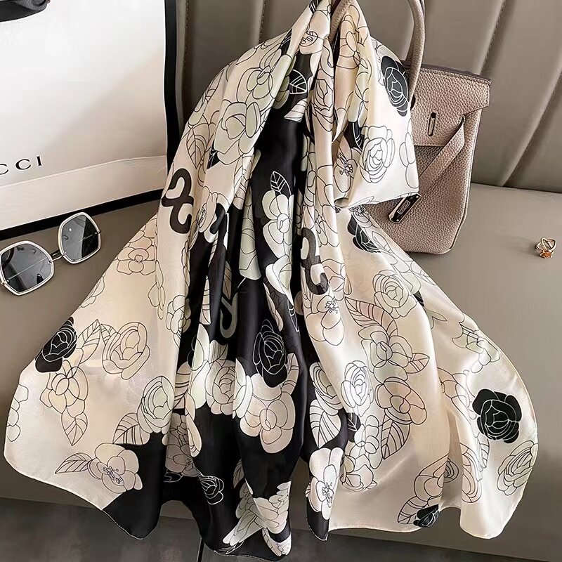 Women Silk Winter Scarf Luxury Design Print Lady Beach Shawl Scarves Fashion Smooth Foulard Female Hijab 90x180cm