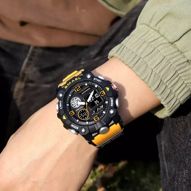 SMAEL Fashion Quartz Watch for Men Orange Men Original Top Brand Casual Sport Style Digital PU Band Dual Display Wristwatch Male