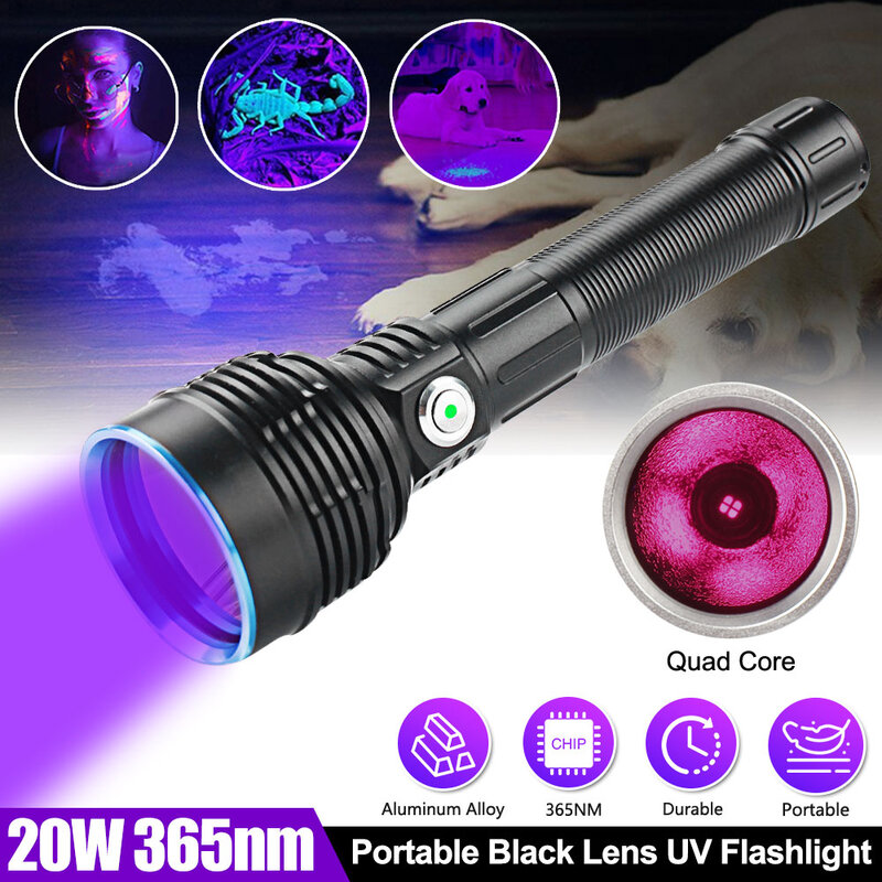 Linterna LED UV tipo C, 20W, 365nm, recargable, portátil, resistente al agua, 4 modos, aleación de aluminio