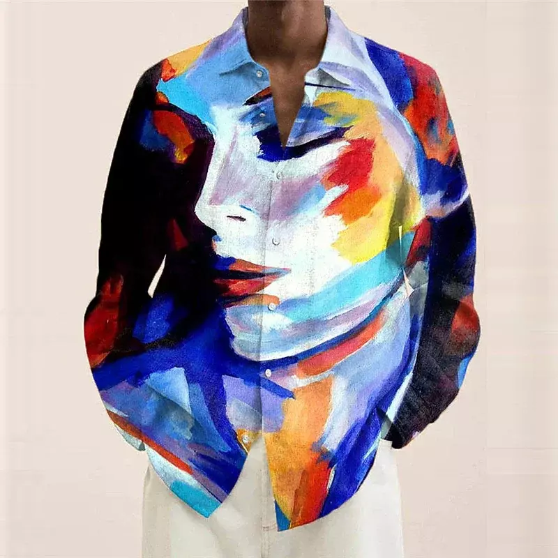 Camisa informal de manga larga con estampado de grafiti para hombre, camisa de tela suave de alta calidad con solapa para exteriores, primavera y verano, 2023