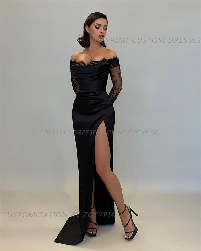 Black Lace Side Slit Off Shoulder Evening Gown Satin Party Dresses High Slit Full Sleeve Cocktail Club Dress vestidos de noche