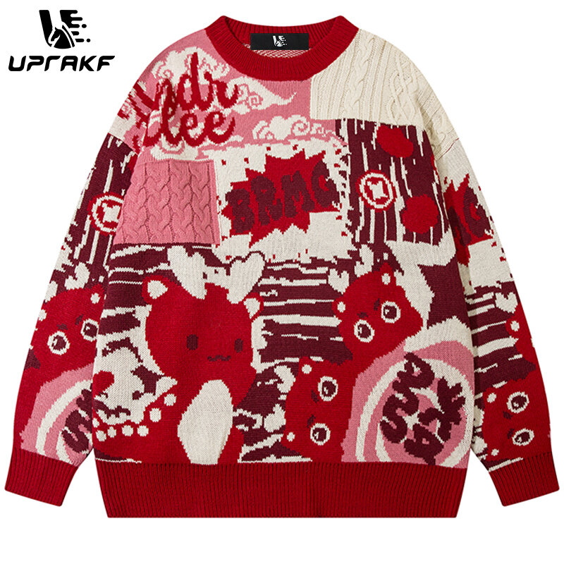 UPRAKF 만화 드래곤 프린트 패치워크 스웨터, 루즈한 올매치 풀오버, 겨울 상의, 가을 패션 스트리트웨어