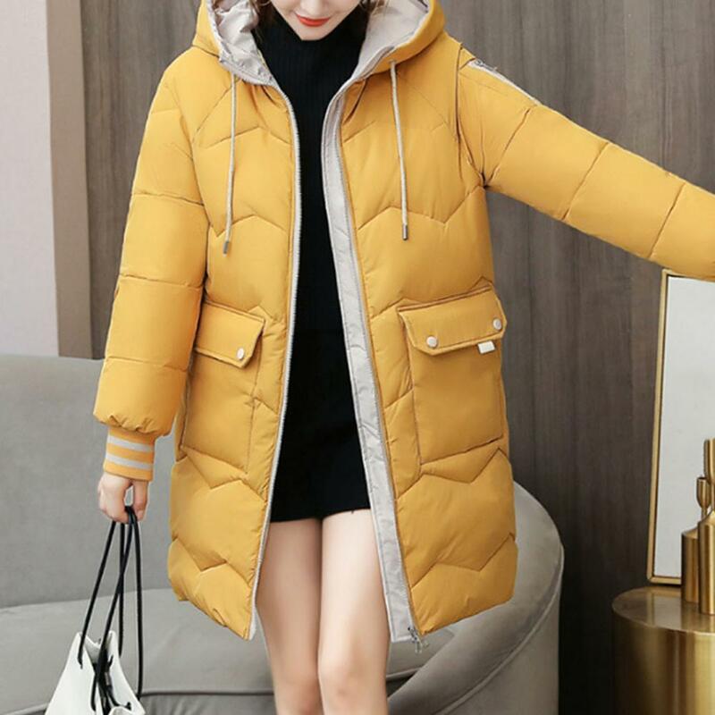 Jaqueta de algodão de comprimento médio feminina, casaco com capuz, gola alta, com zíper, à prova de vento, casual outwear, inverno