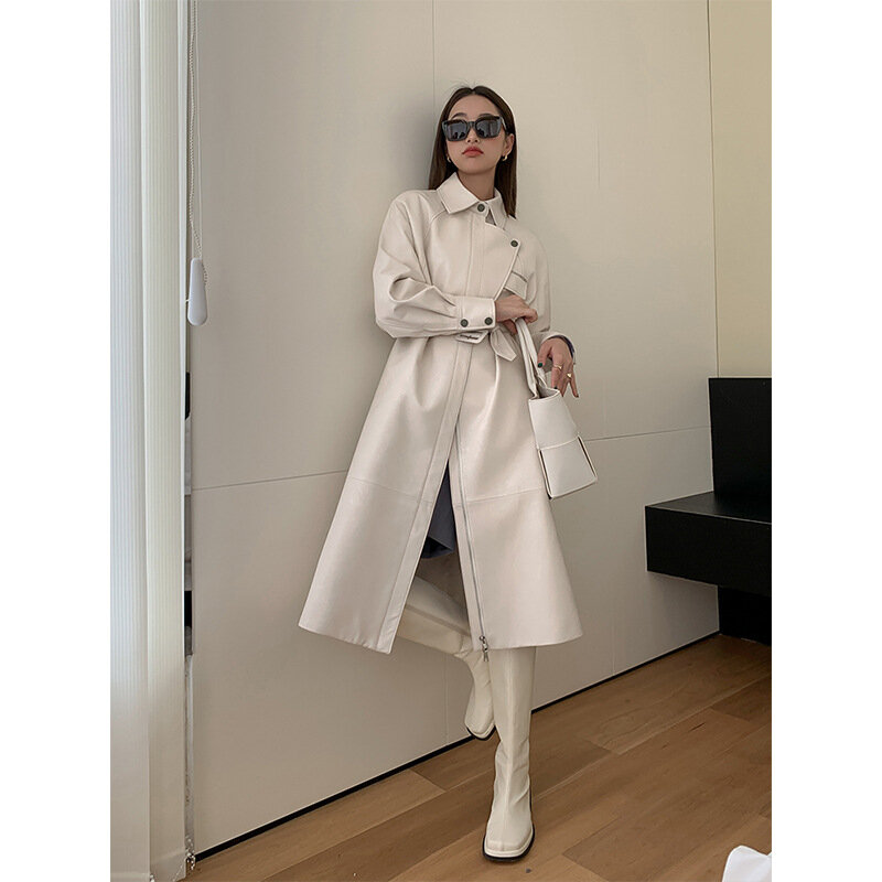 Vestido longue femme casaco de couro genuíno feminino trench belt zíper elegante feminina pele carneiro preto/leite branco cintura fina casaco