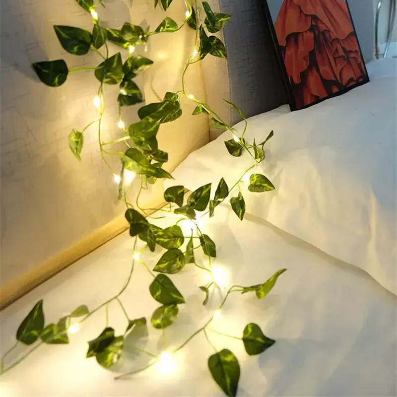 꽃 녹색 잎 스트링 조명, 인공 덩굴 요정 조명, 배터리 전원 크리스마스 트리 화환 조명, 잡초 홈 장식