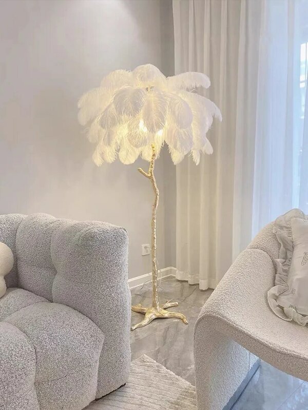 Branch Ostrich Feather Floor Lamp Living Room Bedroom Light Luxury Design Resin Vertical Lamp