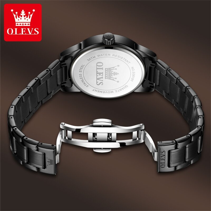 OLEVS jam tangan naga kuarsa pria, jam tangan Fashion tali baja tahan karat tahan air mewah asli dengan kalender untuk pria
