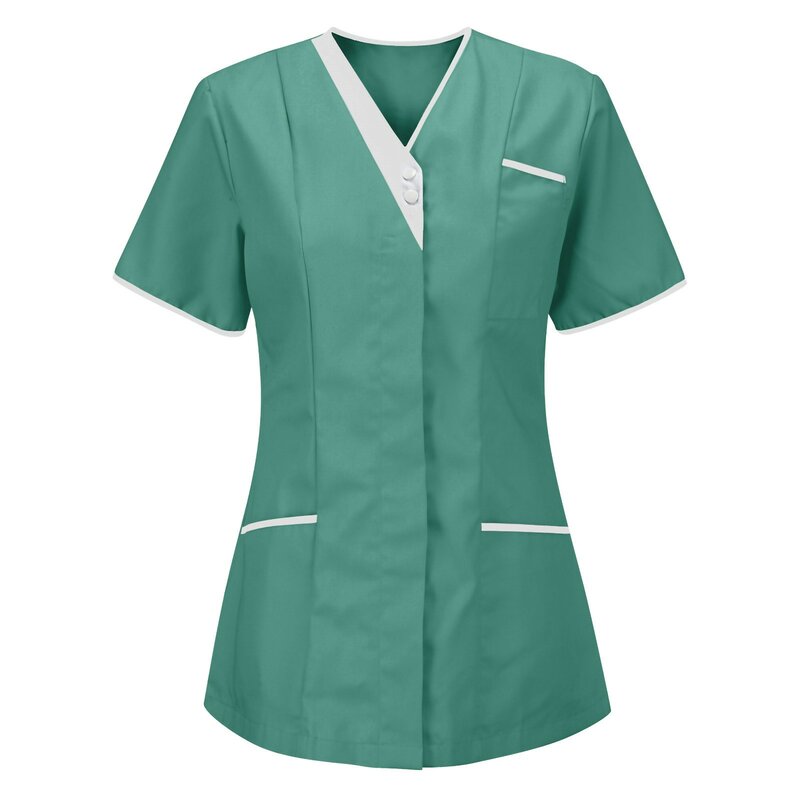 Women's Top Short Sleeved V-neck Nurse Tops Color Block Nurse Uniform With Pocket Simplicity Casual Ladies Working Clothing