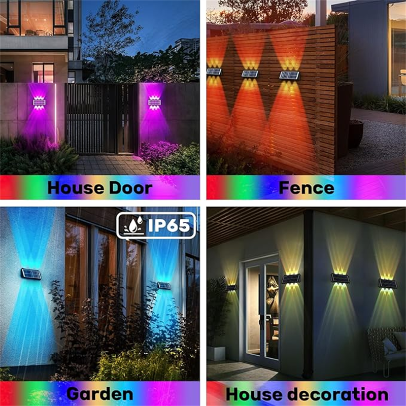 RGB LED 야외 벽 조명, 위아래 태양광 벽 램프, 외부 벽 스콘스 루미누 LED 울타리 조명, 발코니 정원 마당용