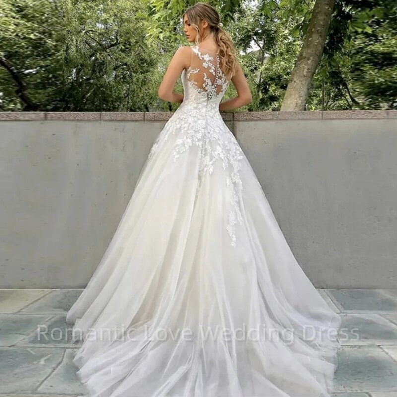 Elegante vestido de novia Simple sin mangas con hombros descubiertos, estilo de princesa esponjosa, Apliques de encaje románticos, vestido de novia hecho a medida