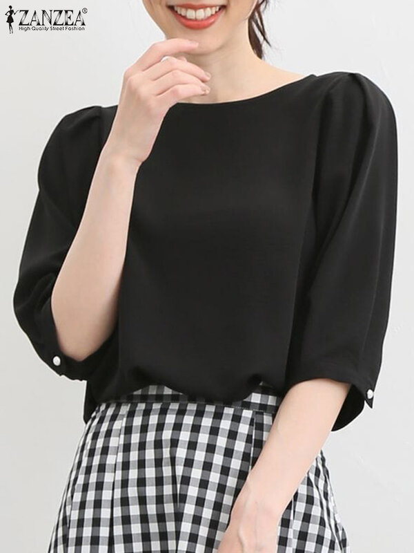 ZANZEA-Blusa de escritório sólida vintage feminina, tops de manga 3/4, camisa chique com gola redonda, túnica elegante de botões traseiros, verão, 2022