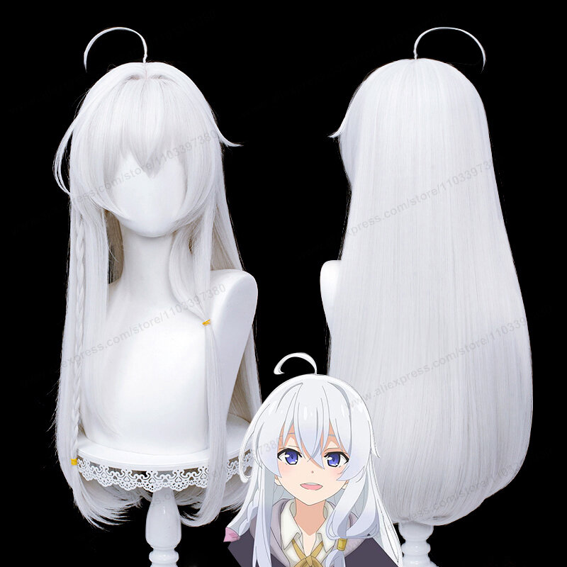 Wig Cosplay Anime Elaina 70cm panjang perak putih rambut wanita Wig Halloween tahan panas + topi Wig