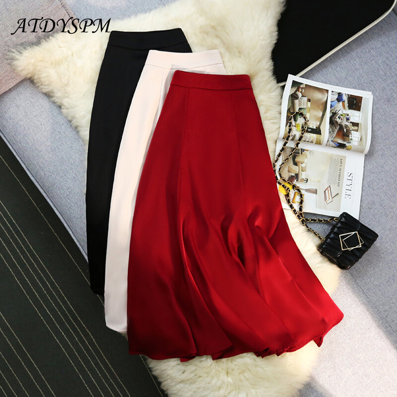 Fashion A Line Satin Skirts For Women 2024 Elegant High Waist Loose Pleated Office Casual Skirts Vintage Vintage Skirt Women