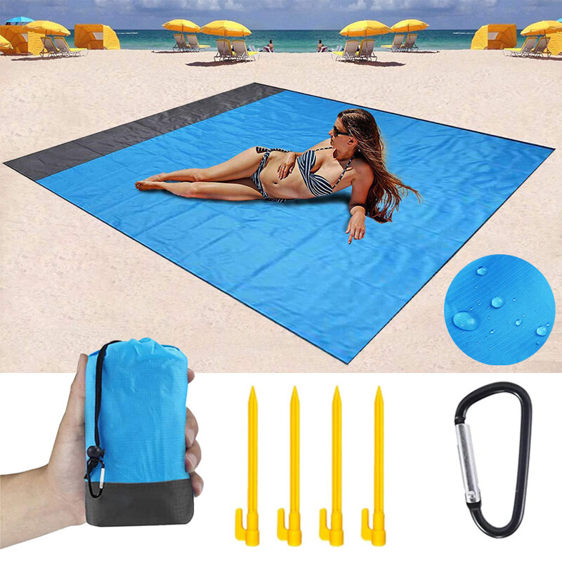 2024 Hot Beach Towels Mat Anti Sand-free Beach Anti Sand Beach Blanket Oversized Pocket Picnic 4 Anchor Wind Prevent Waterproof