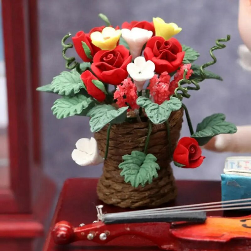 Novidade simulado eco-friendly dollhouse miniatura rosa vermelha ornamento casa de bonecas bonsai decoração flores em miniatura