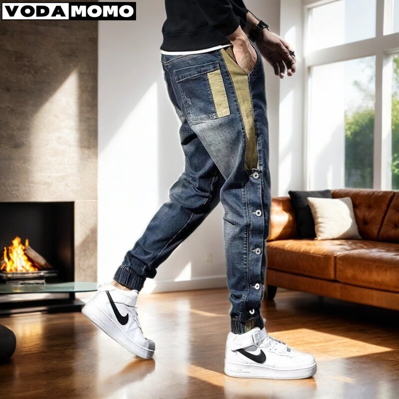 Celana Jeans longgar untuk pria, celana jins longgar modis Retro Streetwear santai dengan kantong meruncing untuk pria