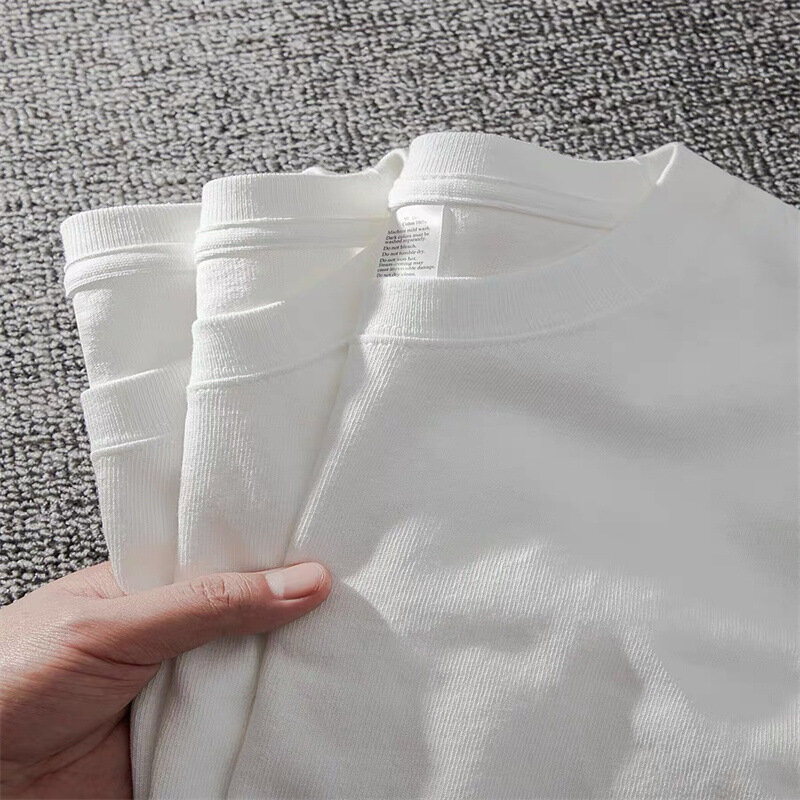 Kaus berat katun murni monokromatik wanita, Kaus musim panas longgar pas putih murni cocok dengan leher bulat
