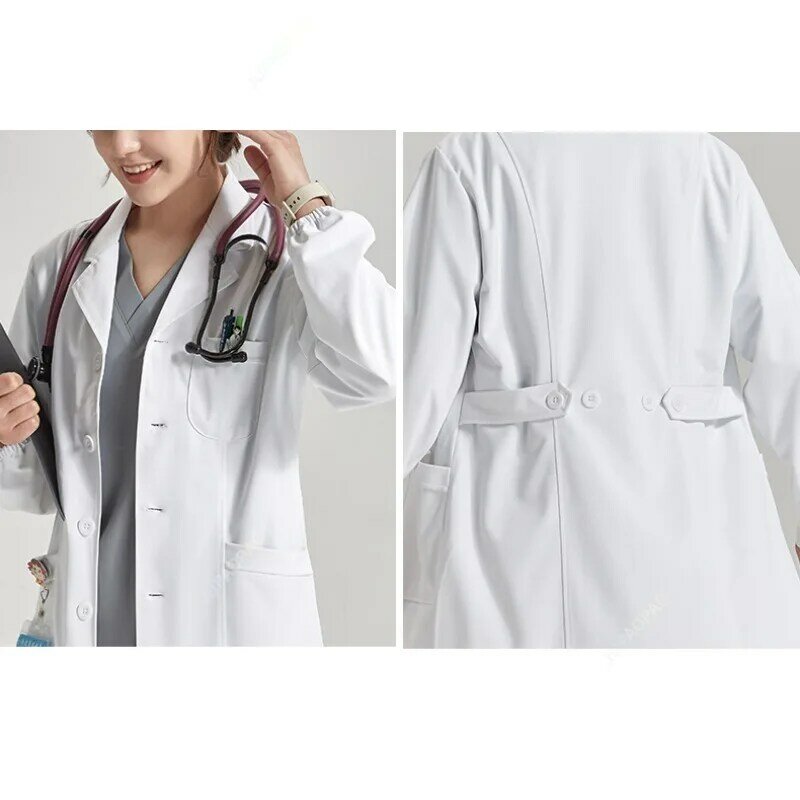 Antystatyczna fartuch laboratoryjny z krótkim rękawem sukienka pielęgniarka z długim rękawem stroje medyczne biała kurtka z regulowany pasek dla