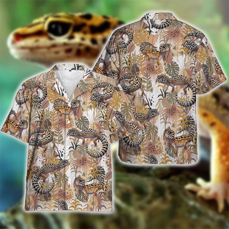 Camisa de praia havaiana bonito dos homens Gecko, Blusa engraçada de lapela animal lagarto, Roupas havaianas, Cabrite Hip Hop Masculino Streetwear Blusas