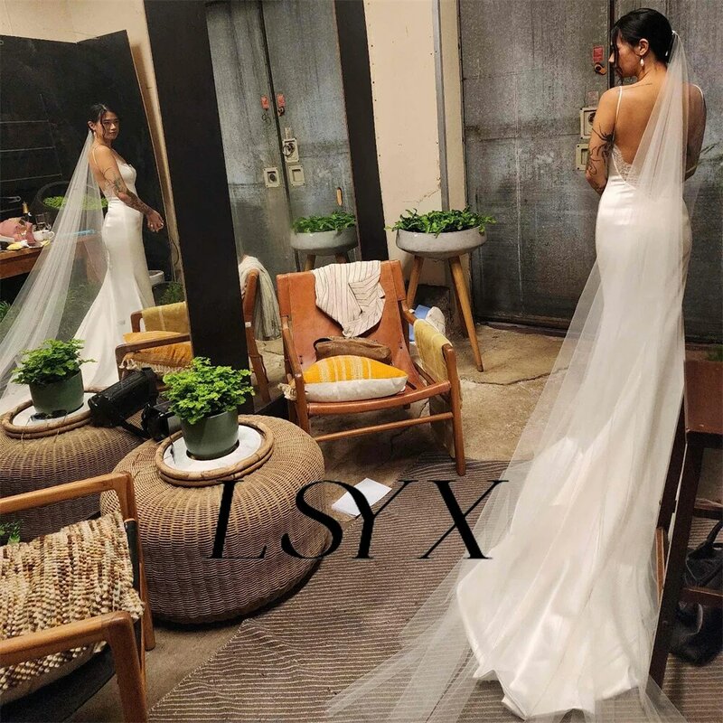 LSYX Square-Neck Sleeveless Lace Satin Mermaid Wedding Dress For Women Open Back Court Train Bridal Gown Custom Made