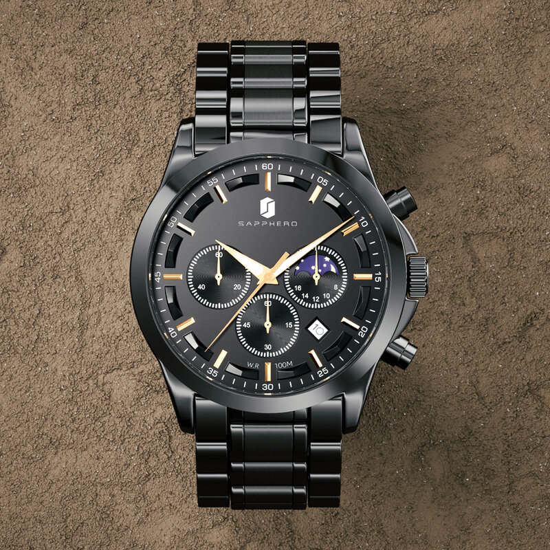 SAPPHERO Stainless steel Mens Watch Luxury Business Quartz Clock 100M Waterproof Casual Date Wristwatch for Men