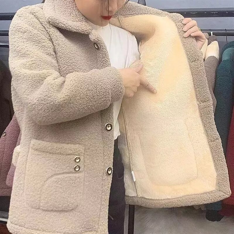 2023New Winter Ladies Jacket Plus Velvet Thick Warm Coat Women imitazione Lamb Mid-Long lady's Grain Velvet Loose Female Jacket