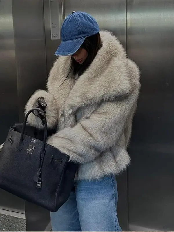 Casaco de pele quente feminino, gola virada para baixo elegante, manga comprida, casacos curtos, streetwear feminino, outwear de inverno, 2023