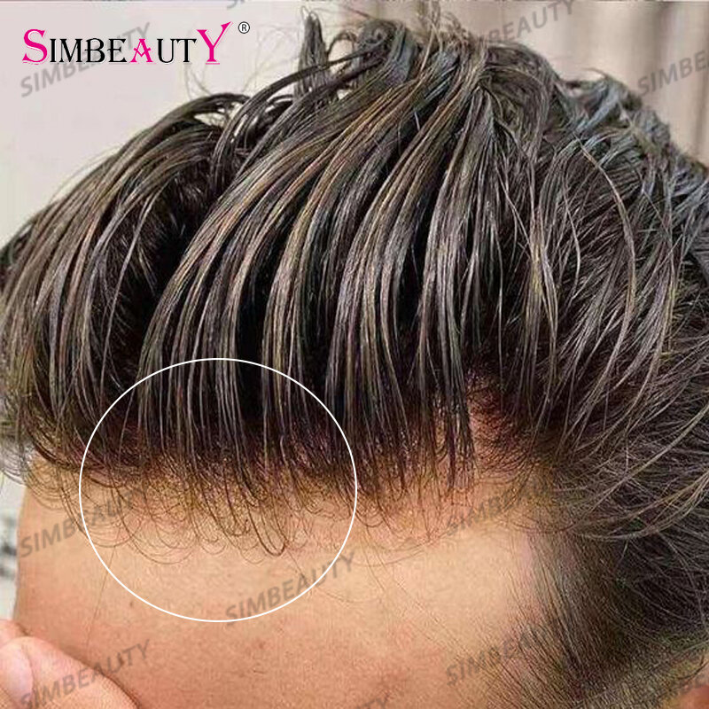 100% Virgin Human Hair Mannen Toupee Natuurlijke Haarlijn Q6 Ademend Volledige Franse Kant Voor & Pu Dunne Huid Basis Mannelijke pruiken Vervanging