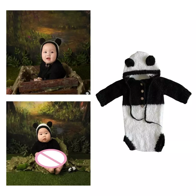 Puntelli per foto neonato Costume lavorato a maglia Panda Cappello per orecchie Triangolo per bambino Pagliaccetto Abiti per per