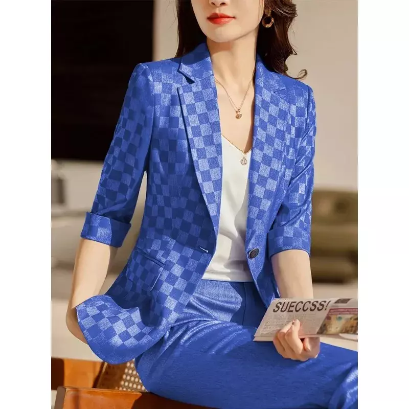 Blazer de meia manga xadrez para mulheres, jaqueta formal para senhoras, damasco preto e azul, moda feminina de negócios, moda verão e primavera