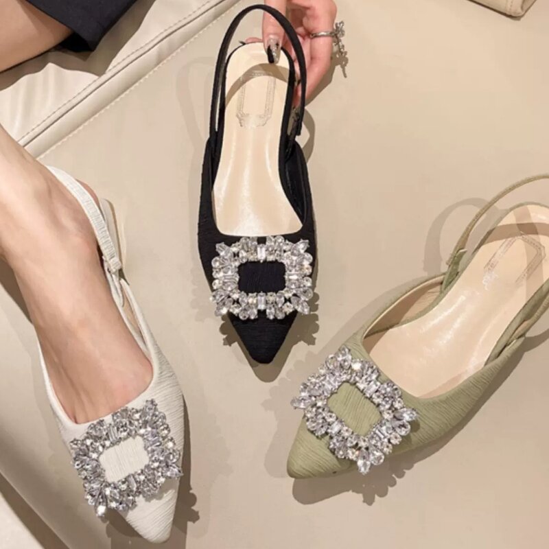 2024 square buckle rhinestone sandals new shallow mouth French High heel women shoes pumps