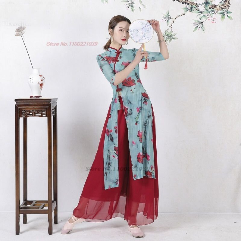 2024 chinese vintage folk dance costume flower print qipao tops+pants set vintage chiffon dress stage performance dance wear