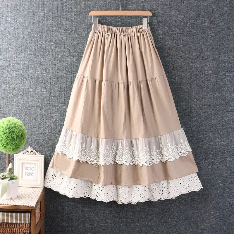 Falda de lino y algodón con bordado Floral para mujer, falda holgada de lino con cintura elástica, estilo japonés Mori, primavera y verano