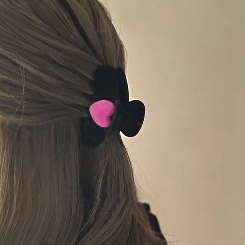 Coreano veludo coração cabelo garra clip para mulheres e meninas, vintage rosa amor cabelo garras, presilhas meninas, grampos, acessórios para cabelo, preto