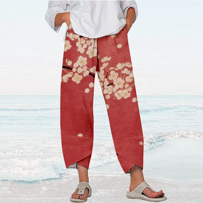 Calças florais para mulheres, streetwear elegante, calças de praia, moletom, corredores capri soltos, roupas Y2K, verão