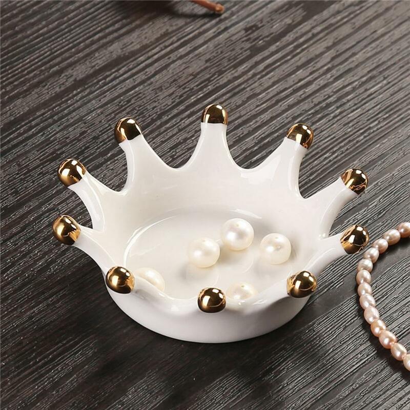 Nampan perhiasan mahkota dekoratif yang berguna dapat digunakan kembali pengerjaan indah piring perhiasan keramik pengatur tampilan mahkota