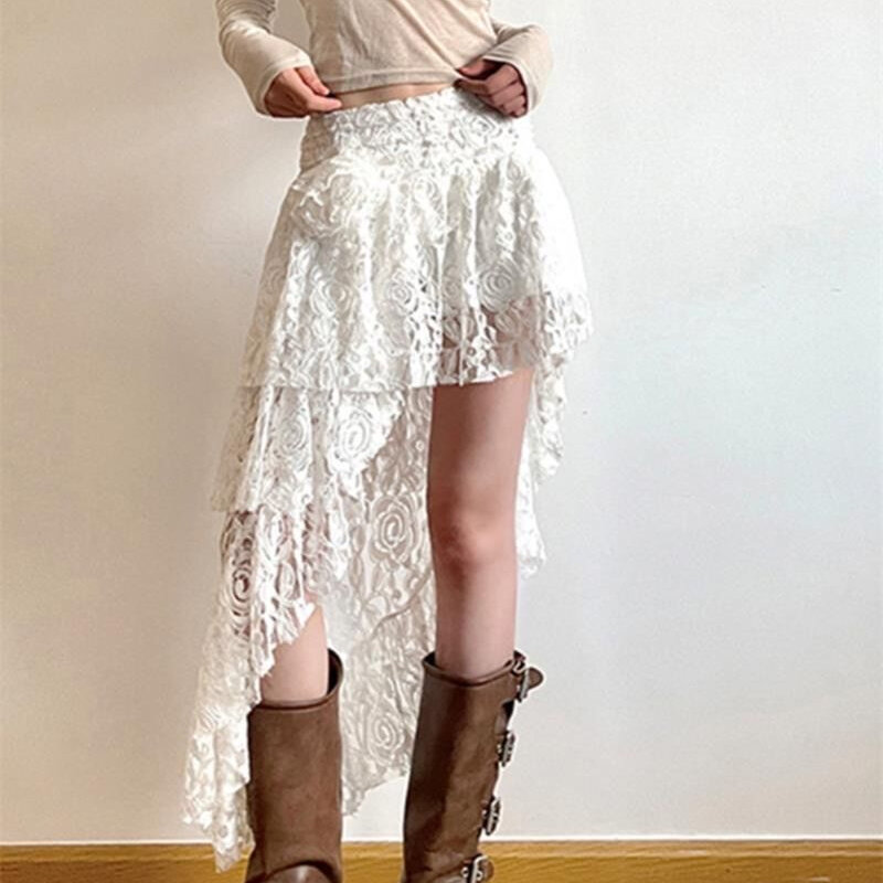 Deeptown-Saia feminina de renda Boho, saias brancas elegantes, camada irregular vintage, saia média curta, moda coreana, verão de rua