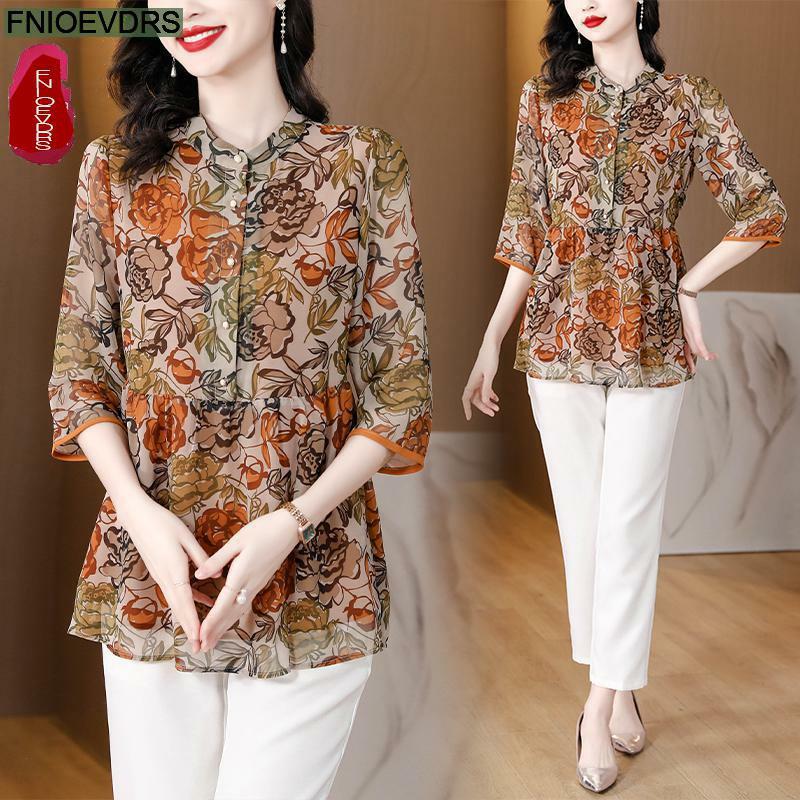 M-4XL Loose Clothes 2024 Summer Ruffles Tops Short Sleeve Women Basic Wear Office Lady Flower Floral Print Peplum Shirts Blouses