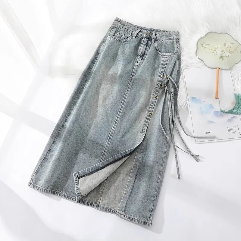 Rok Denim Retro kasual baru untuk wanita rok Jeans Musim Semi Musim Panas 2024 rok bungkus bokong terpisah pinggang tinggi baru