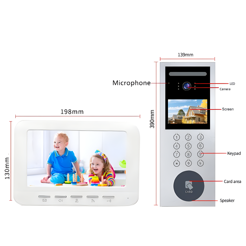 Système d'interphone vidéo avec écran LCD, bouton fongique, interphone moniteur, interphone avec vision IR, déverrouillage à distance, fonction Face Heroes, 7 pouces