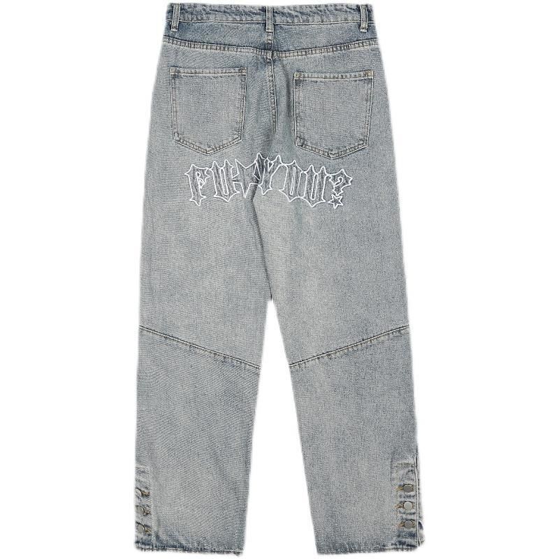 Jeans Pria Amerika High Street Longgar Lurus Jeans Hip Hop Bordir Tombol Celah Lebar Kaki Celana Kasual Ins Populer