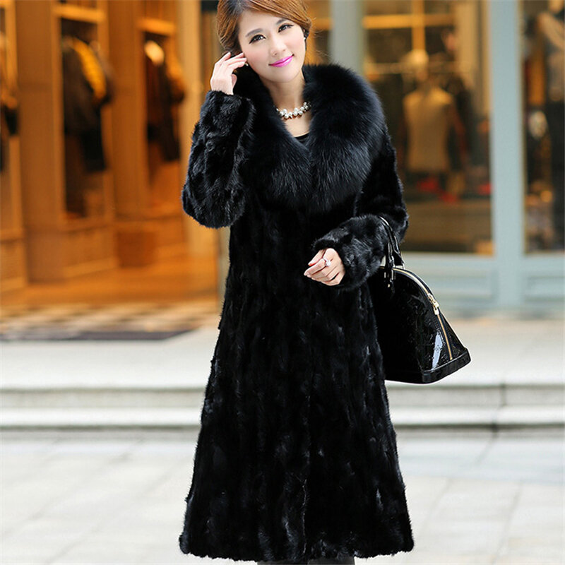 Women's Faux Mink Fur Coat Autumn Winter Long Warm Imitation Mink Coat Female Fashion Faux Fox Collar Overcoat Women Fur Parkas