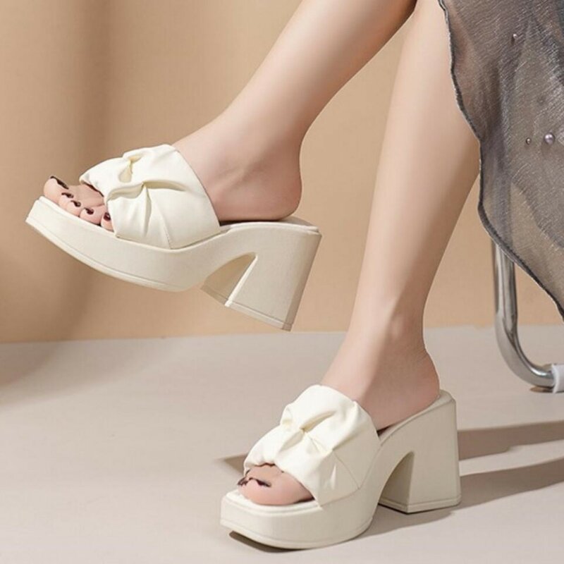 Sepatu sandal hak Chunky untuk wanita, sepatu sandal pantai hak tinggi seksi liburan musim panas model sandal jari terbuka Platform Chunky 8.5cm