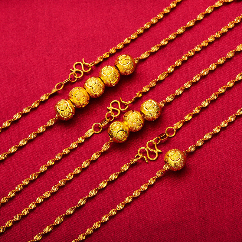 Collane con ciondoli in oro 24 carati donne semplici perline fortunate ciondolo catena clavicola con onda d'acqua gioielli Collier regalo di nozze