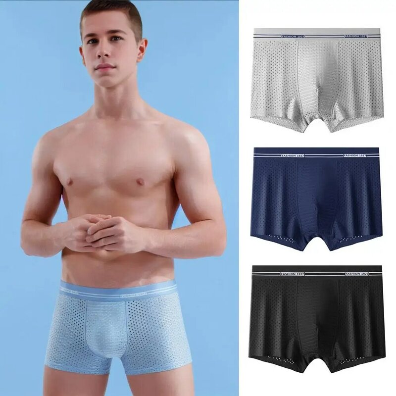 Celana dalam pendek bersirkulasi udara pria, celana dalam jala halus, dalaman sutra es bernafas dengan ikat pinggang elastis tipis untuk nyaman musim panas