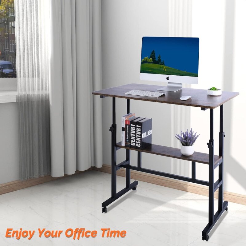 Mesa de ordenador portátil ajustable de doble capa, ruedas rodantes, estación de trabajo para oficina en casa, sentado, adultos o niños