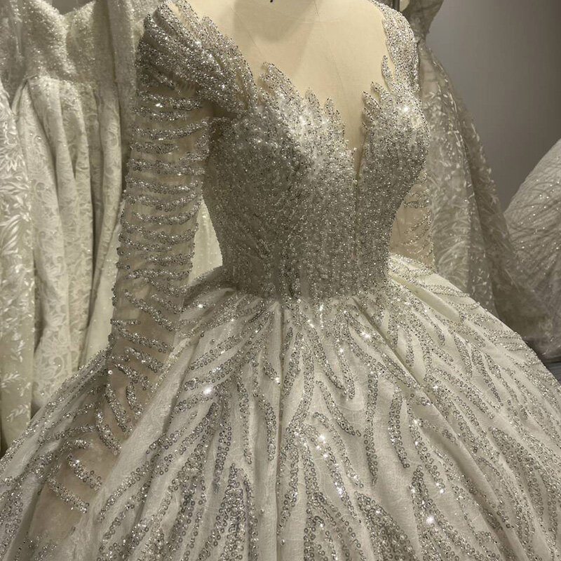Женское бальное платье с открытой спиной, бисером, v-образным вырезом, длинными рукавами и блестками, Плиссированные Свадебные платья принцессы, Vestido De Novia LSMNM003