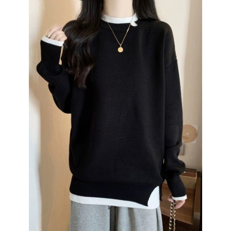 Harajuku Colorblock Patchwork Casual Loose Sweaters for Women Knit Long Sleeve Fake 2 Piece Pullover Split Jumper Top 066C