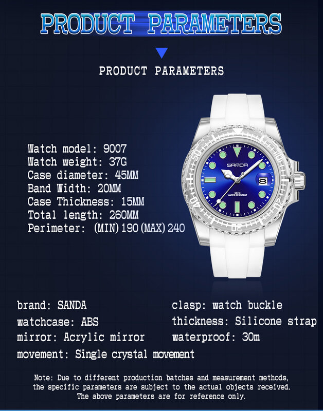SANDA Brand Luxury Men's Silicone Sports Wrist Watch 50M Waterproof Date Calendar Business Quartz Watches Relogio Masculino 9007